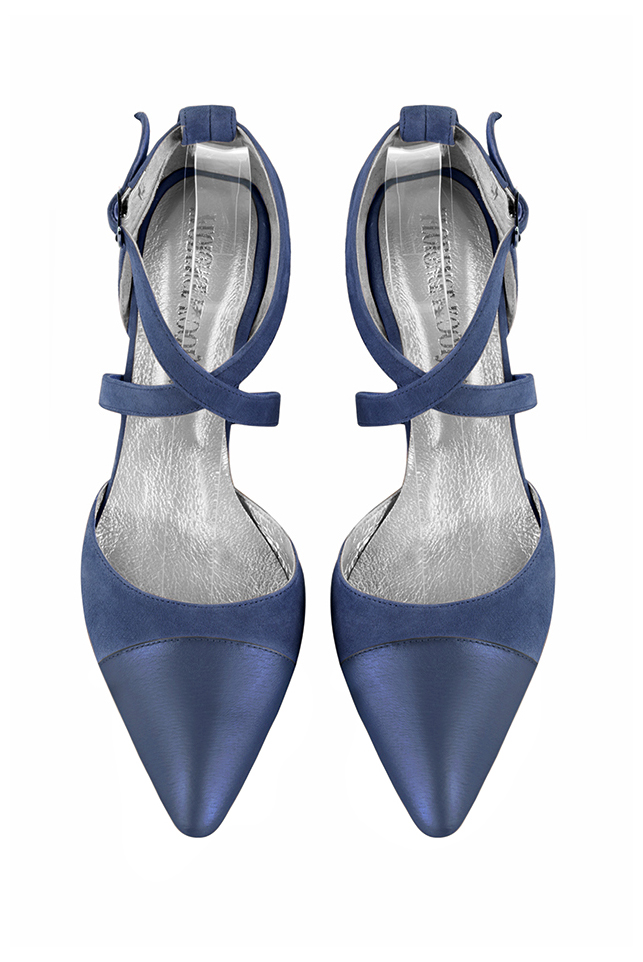 Prussian blue women's open side shoes, with crossed straps. Tapered toe. Medium comma heels. Top view - Florence KOOIJMAN